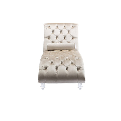 Chaise longue ergonomique en velours capitonné, inclinable en forme de S, avec coussin, garniture cloutée et pieds en acrylique pour une utilisation en intérieur