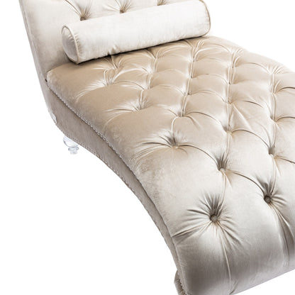 Chaise longue ergonomique en velours capitonné, inclinable en forme de S, avec coussin, garniture cloutée et pieds en acrylique pour une utilisation en intérieur