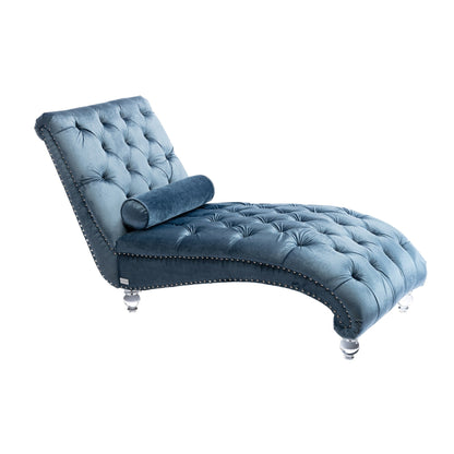 Chaise longue ergonomique en velours capitonné, inclinable en forme de S, avec coussin, garniture cloutée et pieds en acrylique pour une utilisation en intérieur