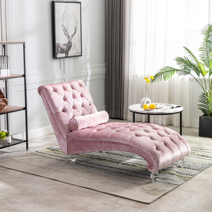 Chaise longue ergonomique en velours capitonné, inclinable en forme de S, avec coussin, garniture cloutée et pieds en acrylique pour une utilisation en intérieur