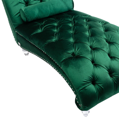 Chaise longue ergonomique en velours capitonné, inclinable en forme de S, avec coussin, garniture cloutée et pieds en acrylique pour une utilisation en intérieur