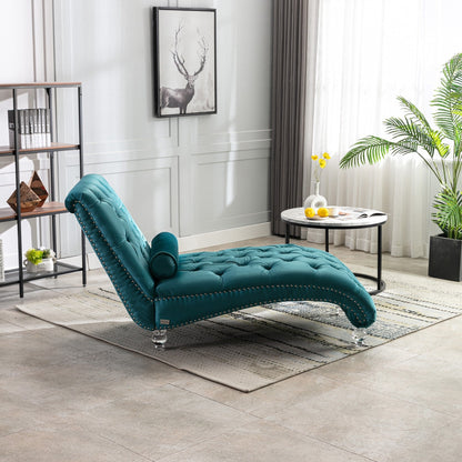 Chaise longue ergonomique en velours capitonné, inclinable en forme de S, avec coussin, garniture cloutée et pieds en acrylique pour une utilisation en intérieur