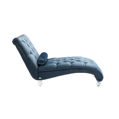 Chaise longue ergonomique en velours capitonné, inclinable en forme de S, avec coussin, garniture cloutée et pieds en acrylique pour une utilisation en intérieur