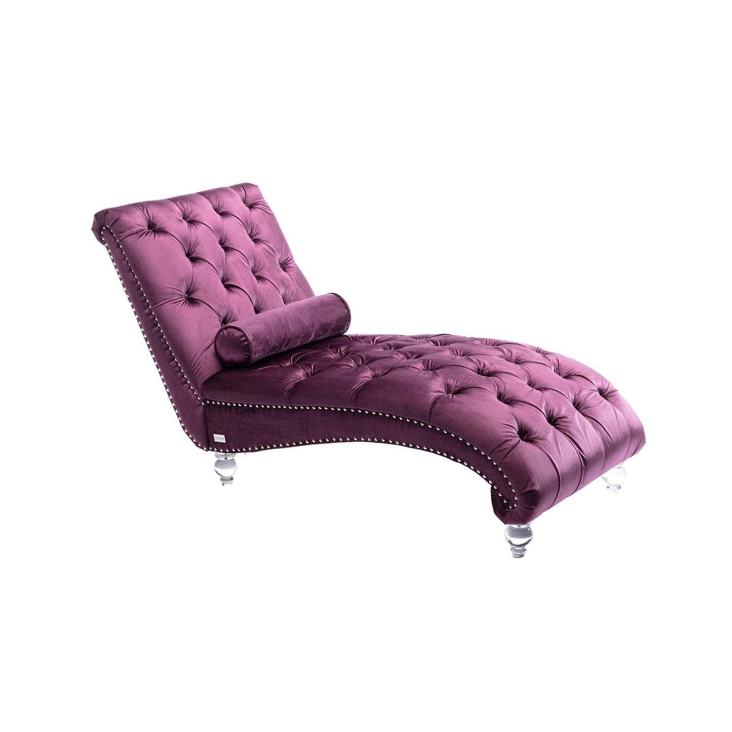 Chaise longue ergonomique en velours capitonné, inclinable en forme de S, avec coussin, garniture cloutée et pieds en acrylique pour une utilisation en intérieur
