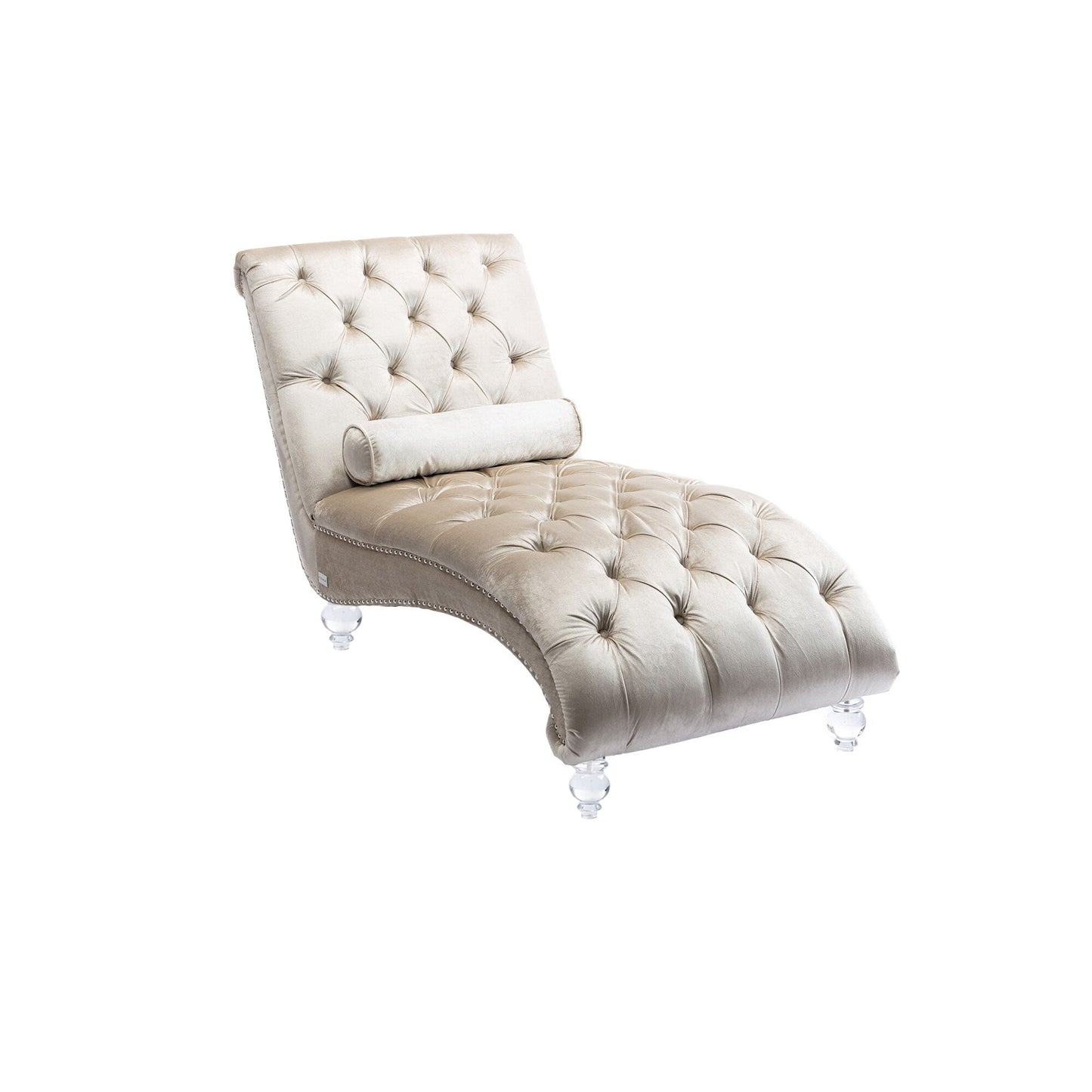 Chaise longue ergonomique en velours capitonné, inclinable en forme de S, avec coussin, garniture cloutée et pieds en acrylique pour une utilisation en intérieur