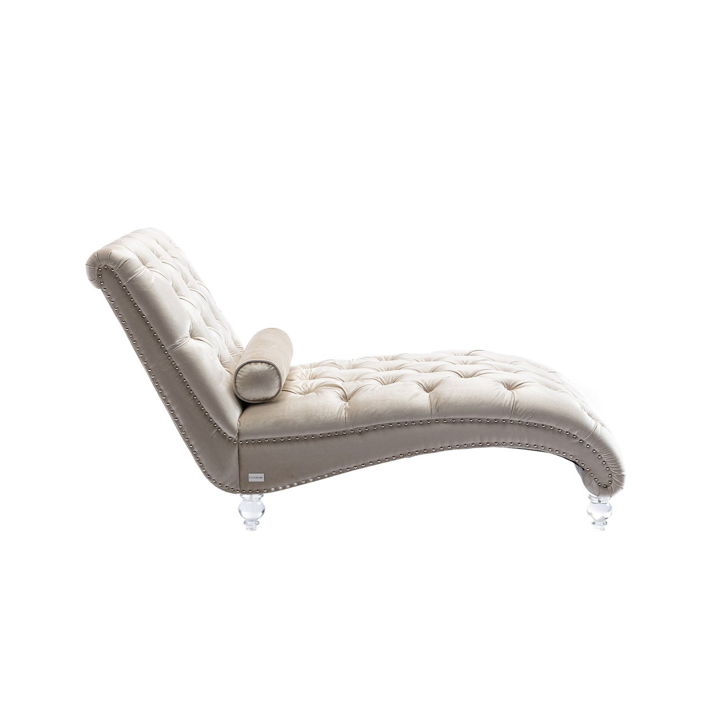 Chaise longue ergonomique en velours capitonné, inclinable en forme de S, avec coussin, garniture cloutée et pieds en acrylique pour une utilisation en intérieur