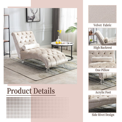 Chaise longue ergonomique en velours capitonné, inclinable en forme de S, avec coussin, garniture cloutée et pieds en acrylique pour une utilisation en intérieur