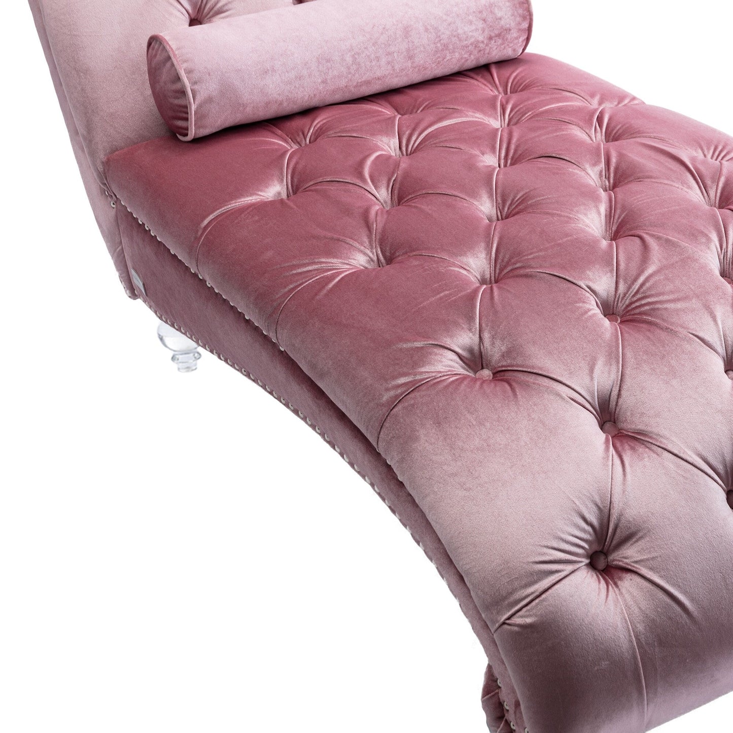 Chaise longue ergonomique en velours capitonné, inclinable en forme de S, avec coussin, garniture cloutée et pieds en acrylique pour une utilisation en intérieur