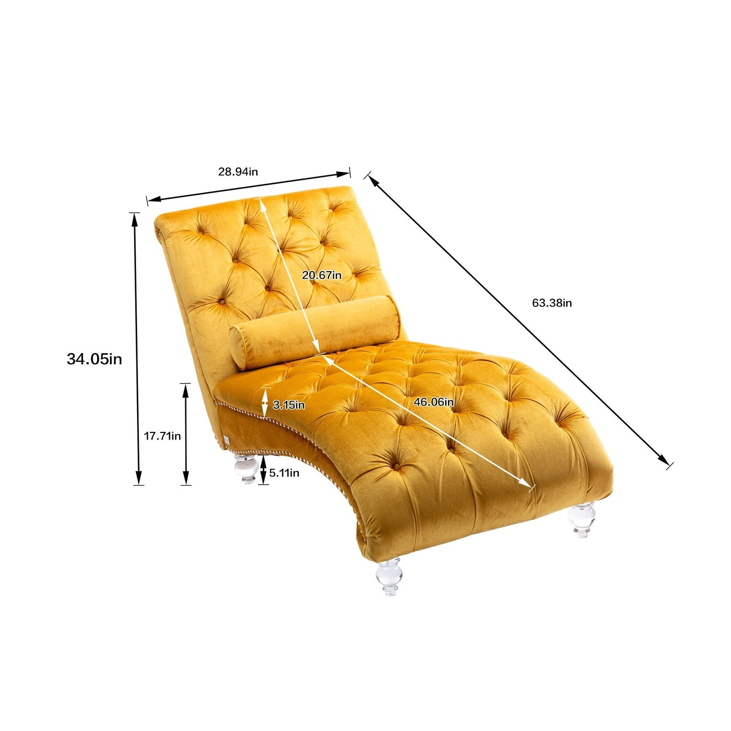 Chaise longue ergonomique en velours capitonné, inclinable en forme de S, avec coussin, garniture cloutée et pieds en acrylique pour une utilisation en intérieur