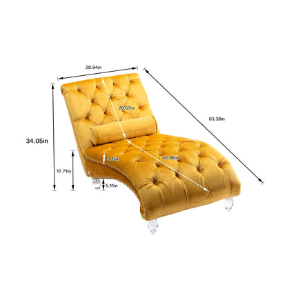 Chaise longue ergonomique en velours capitonné, inclinable en forme de S, avec coussin, garniture cloutée et pieds en acrylique pour une utilisation en intérieur