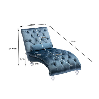 Chaise longue ergonomique en velours capitonné, inclinable en forme de S, avec coussin, garniture cloutée et pieds en acrylique pour une utilisation en intérieur