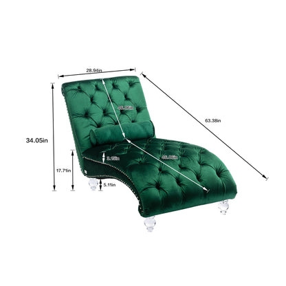 Chaise longue ergonomique en velours capitonné, inclinable en forme de S, avec coussin, garniture cloutée et pieds en acrylique pour une utilisation en intérieur