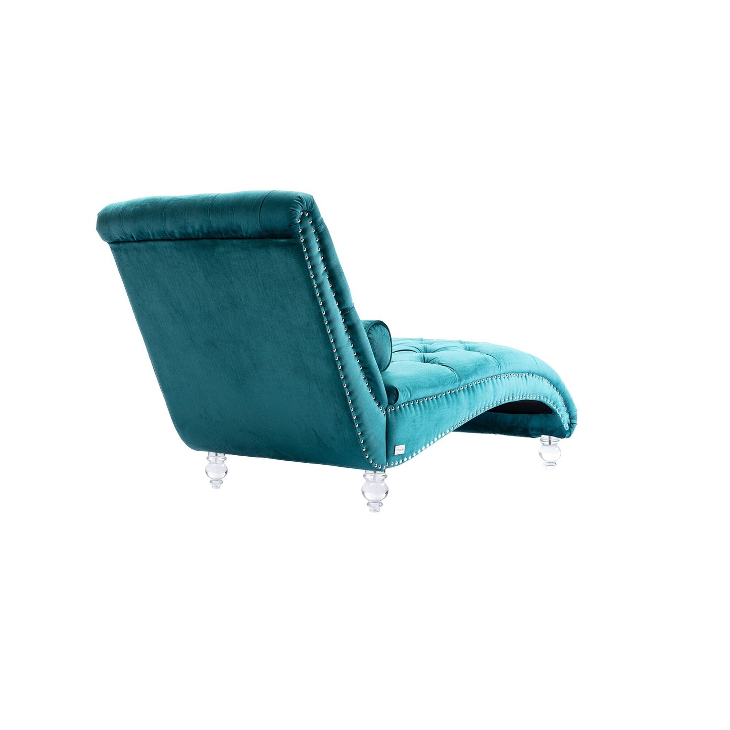 Chaise longue ergonomique en velours capitonné, inclinable en forme de S, avec coussin, garniture cloutée et pieds en acrylique pour une utilisation en intérieur