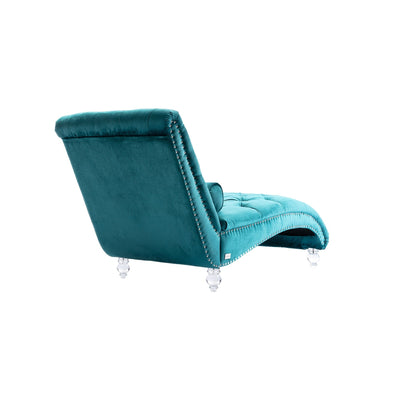 Chaise longue ergonomique en velours capitonné, inclinable en forme de S, avec coussin, garniture cloutée et pieds en acrylique pour une utilisation en intérieur