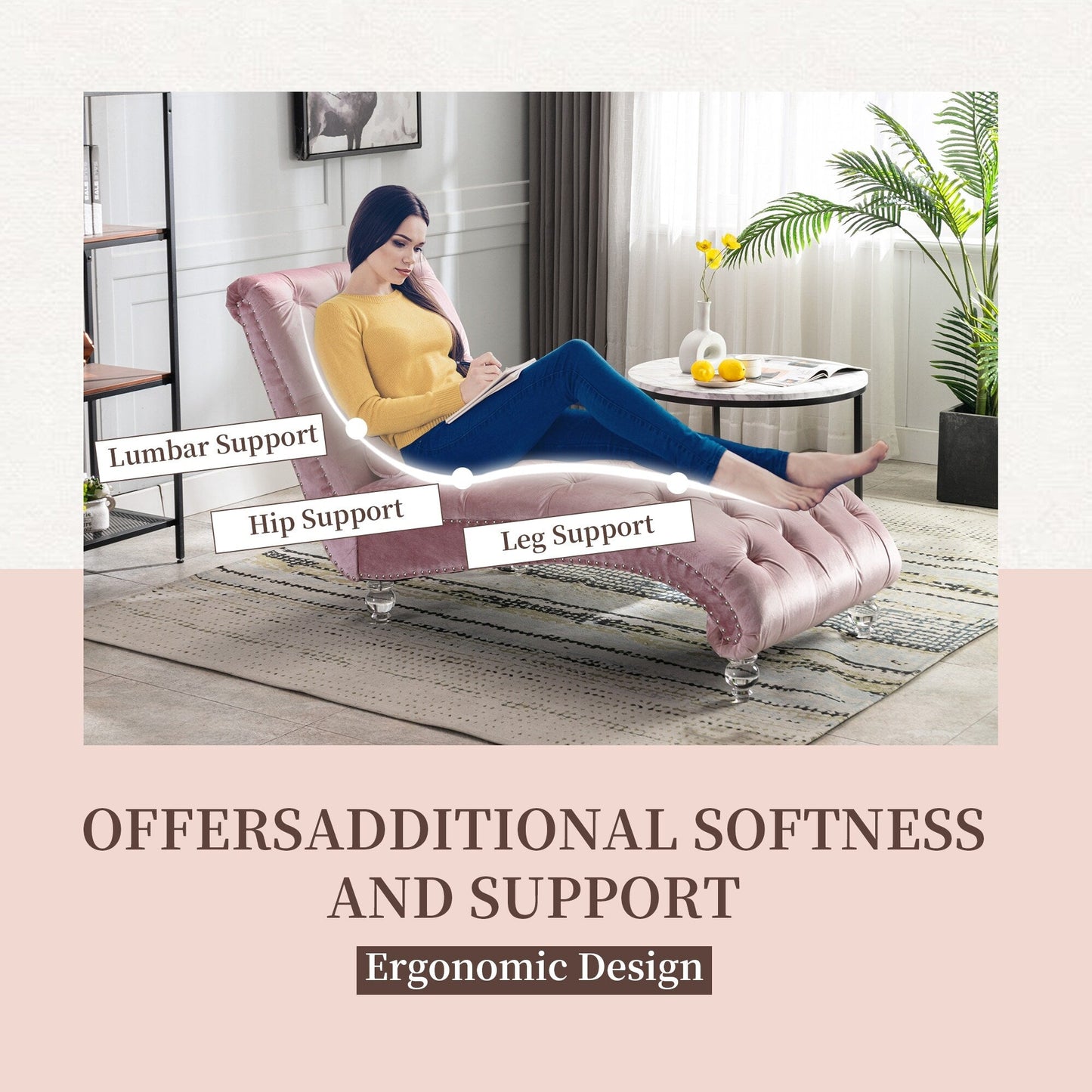 Chaise longue ergonomique en velours capitonné, inclinable en forme de S, avec coussin, garniture cloutée et pieds en acrylique pour une utilisation en intérieur