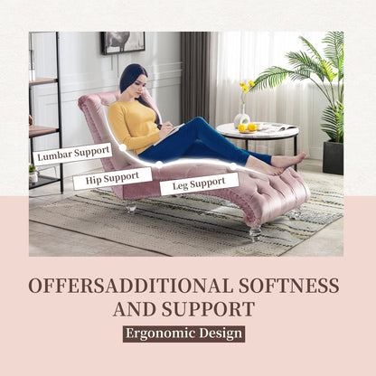 Chaise longue ergonomique en velours capitonné, inclinable en forme de S, avec coussin, garniture cloutée et pieds en acrylique pour une utilisation en intérieur