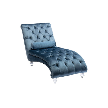 Chaise longue ergonomique en velours capitonné, inclinable en forme de S, avec coussin, garniture cloutée et pieds en acrylique pour une utilisation en intérieur