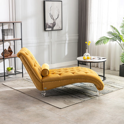 Chaise longue ergonomique en velours capitonné, inclinable en forme de S, avec coussin, garniture cloutée et pieds en acrylique pour une utilisation en intérieur