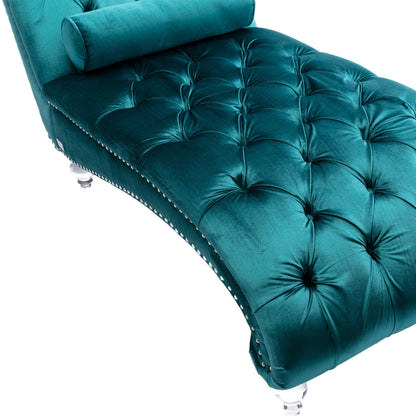 Chaise longue ergonomique en velours capitonné, inclinable en forme de S, avec coussin, garniture cloutée et pieds en acrylique pour une utilisation en intérieur