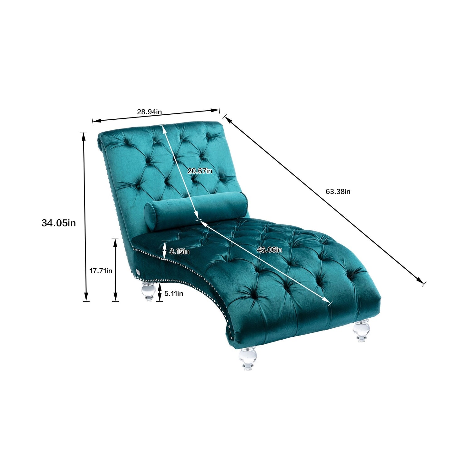 Chaise longue ergonomique en velours capitonné, inclinable en forme de S, avec coussin, garniture cloutée et pieds en acrylique pour une utilisation en intérieur
