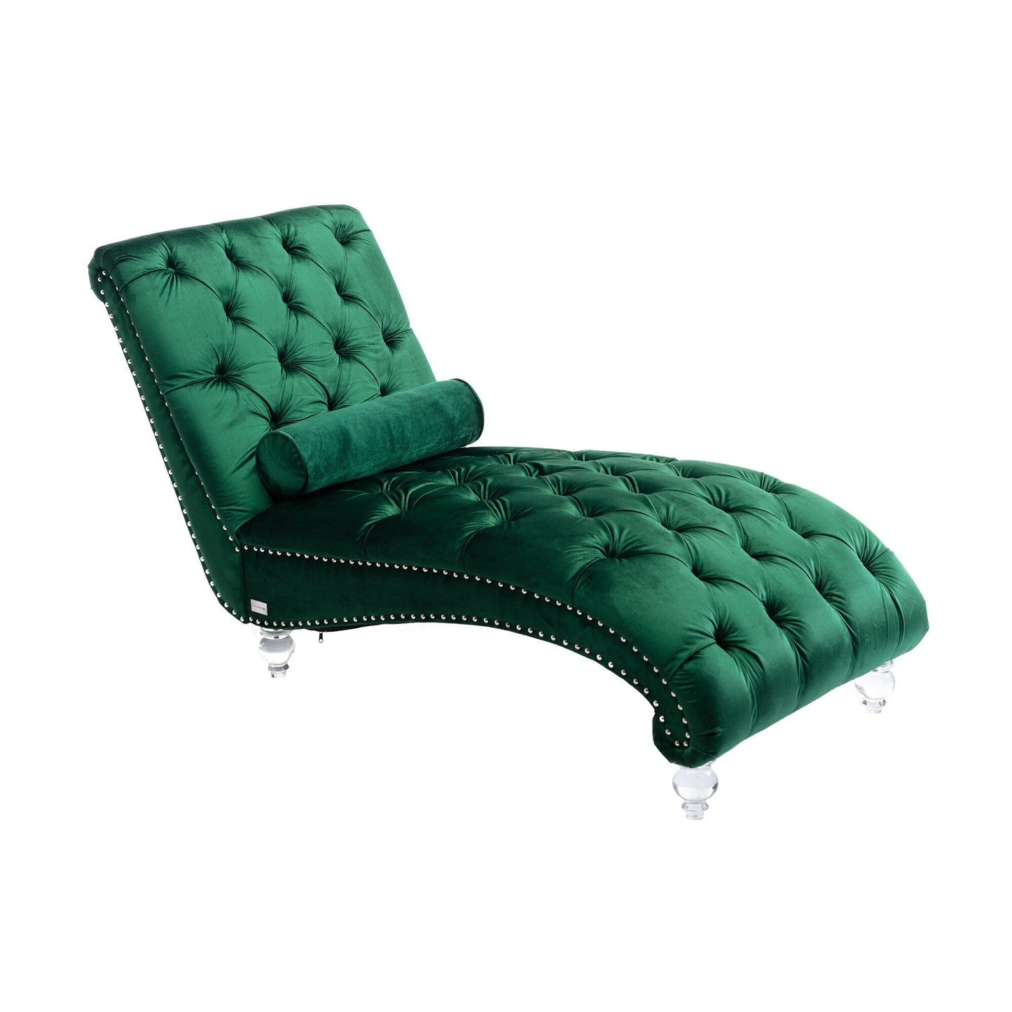 Chaise longue ergonomique en velours capitonné, inclinable en forme de S, avec coussin, garniture cloutée et pieds en acrylique pour une utilisation en intérieur