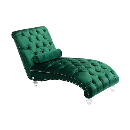 Chaise longue ergonomique en velours capitonné, inclinable en forme de S, avec coussin, garniture cloutée et pieds en acrylique pour une utilisation en intérieur