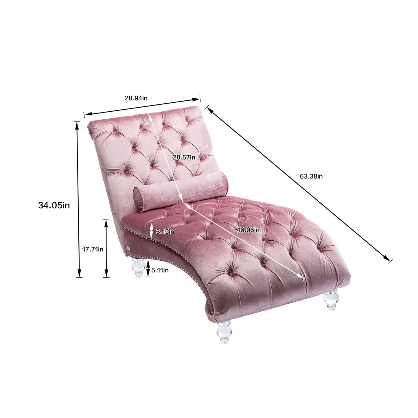Chaise longue ergonomique en velours capitonné, inclinable en forme de S, avec coussin, garniture cloutée et pieds en acrylique pour une utilisation en intérieur