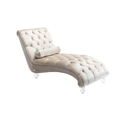 Chaise longue ergonomique en velours capitonné, inclinable en forme de S, avec coussin, garniture cloutée et pieds en acrylique pour une utilisation en intérieur