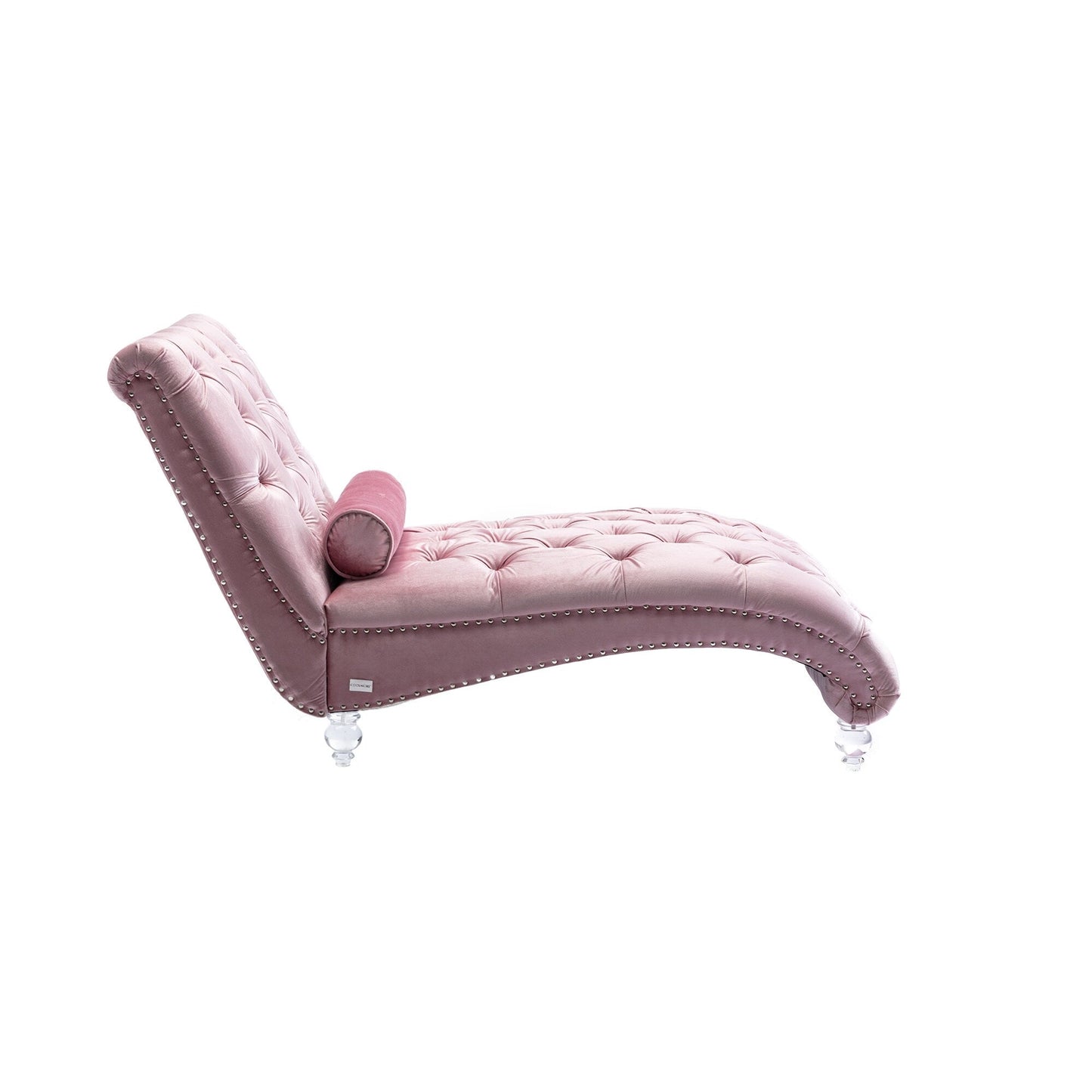 Chaise longue ergonomique en velours capitonné, inclinable en forme de S, avec coussin, garniture cloutée et pieds en acrylique pour une utilisation en intérieur