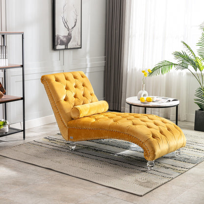 Chaise longue ergonomique en velours capitonné, inclinable en forme de S, avec coussin, garniture cloutée et pieds en acrylique pour une utilisation en intérieur