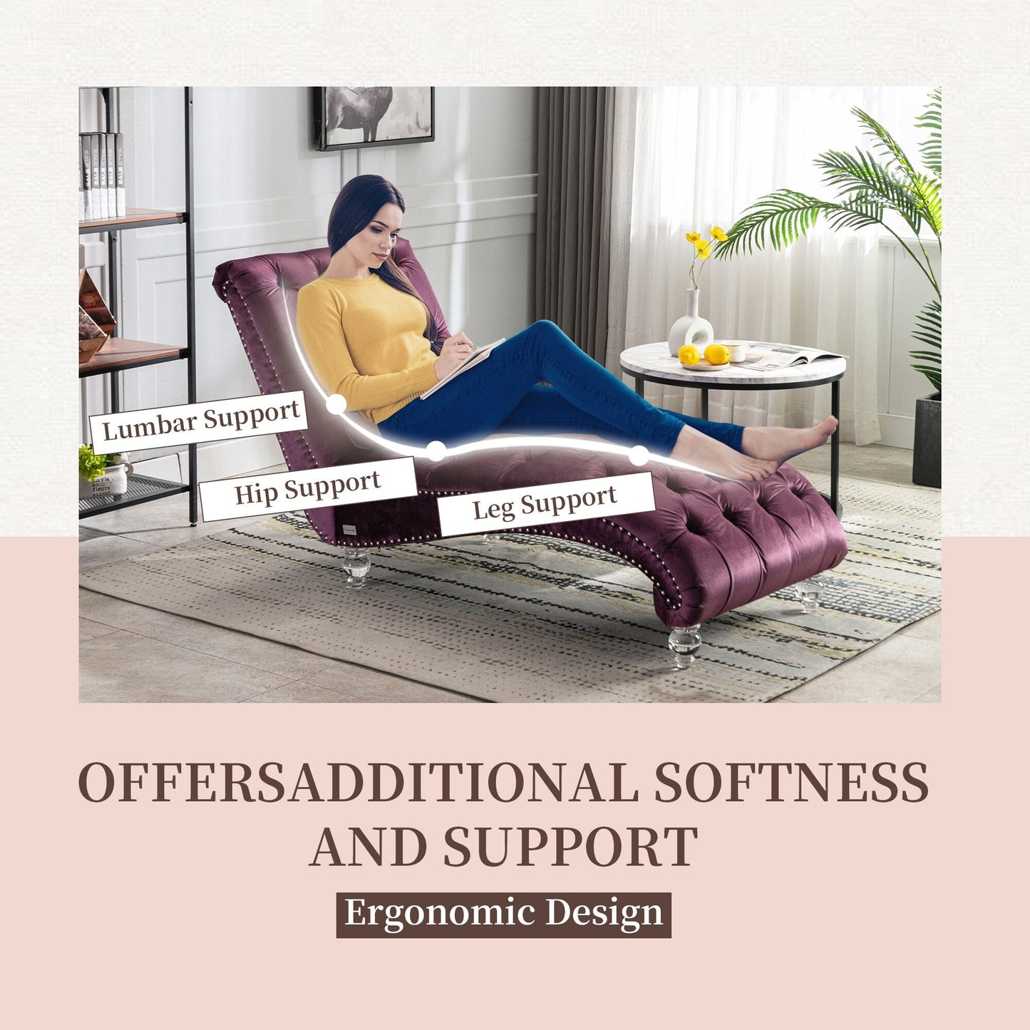 Chaise longue ergonomique en velours capitonné, inclinable en forme de S, avec coussin, garniture cloutée et pieds en acrylique pour une utilisation en intérieur