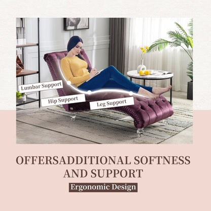 Chaise longue ergonomique en velours capitonné, inclinable en forme de S, avec coussin, garniture cloutée et pieds en acrylique pour une utilisation en intérieur