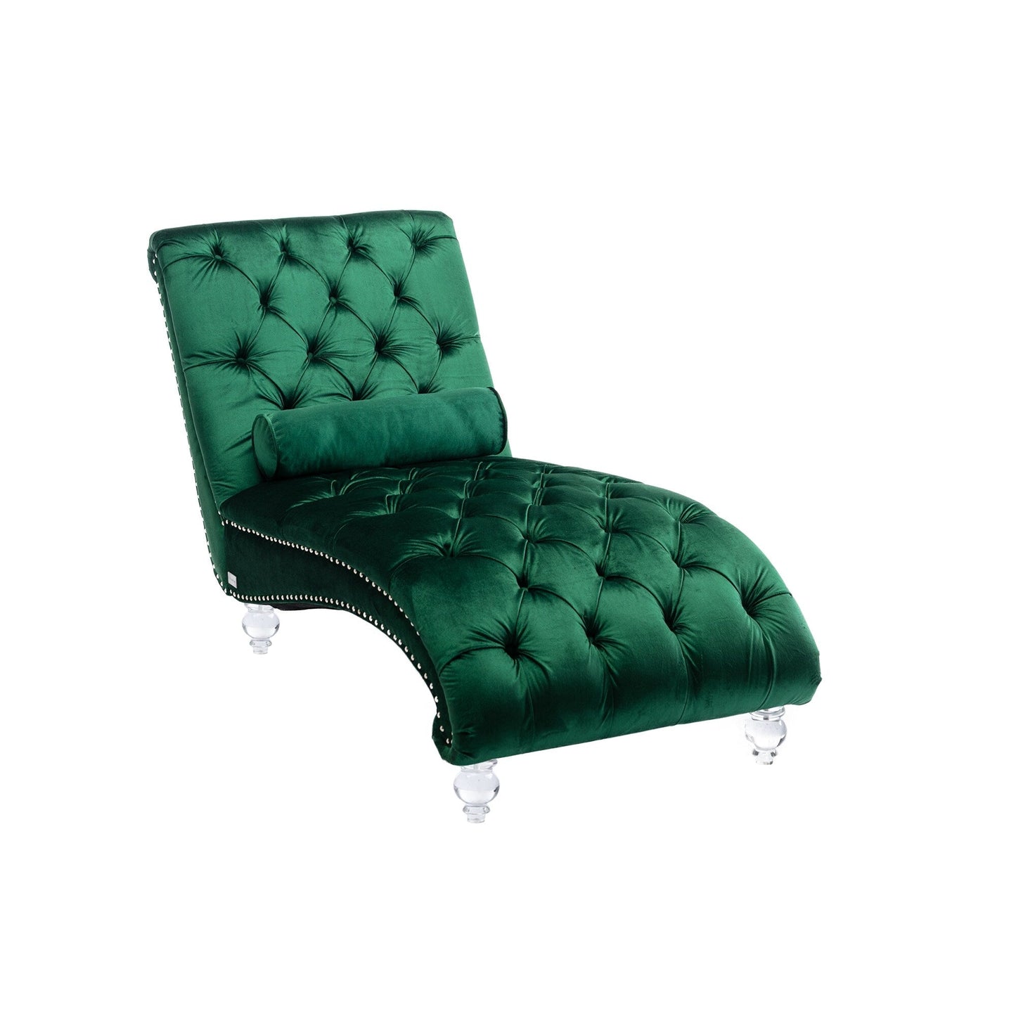 Chaise longue ergonomique en velours capitonné, inclinable en forme de S, avec coussin, garniture cloutée et pieds en acrylique pour une utilisation en intérieur