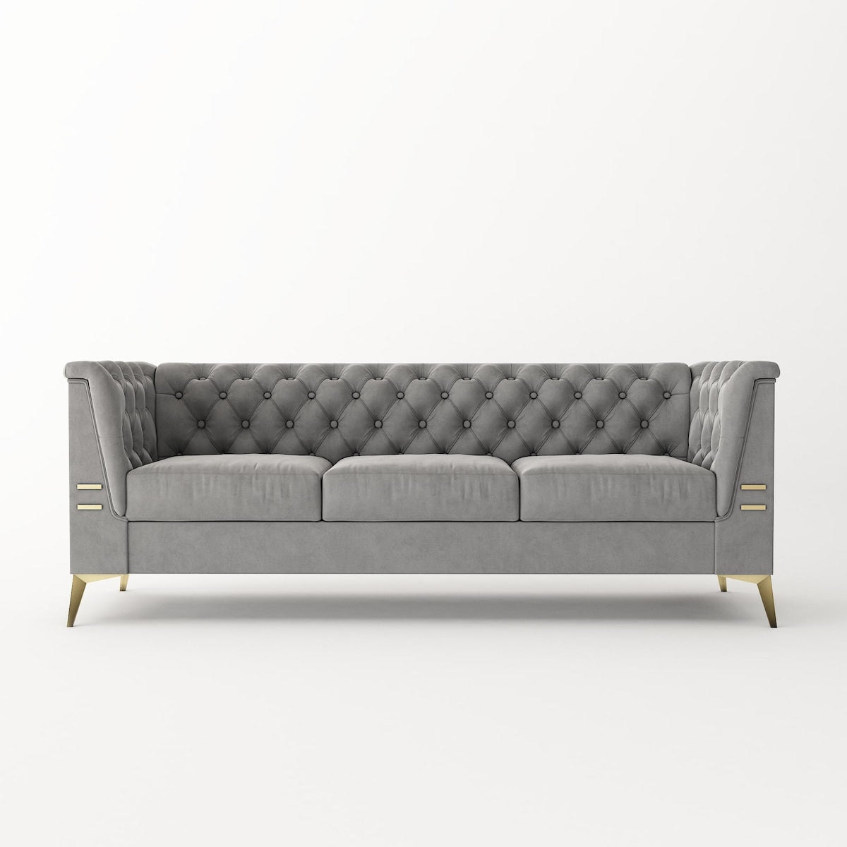 Canapé 3 places rembourré en velours, canapé de salon moderne avec capitonnage à boutons profonds et pieds en métal, accoudoirs carrés