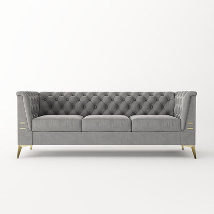Canapé 3 places rembourré en velours, canapé de salon moderne avec capitonnage à boutons profonds et pieds en métal, accoudoirs carrés