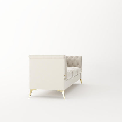 Canapé 3 places rembourré en velours, canapé de salon moderne avec capitonnage à boutons profonds et pieds en métal, accoudoirs carrés