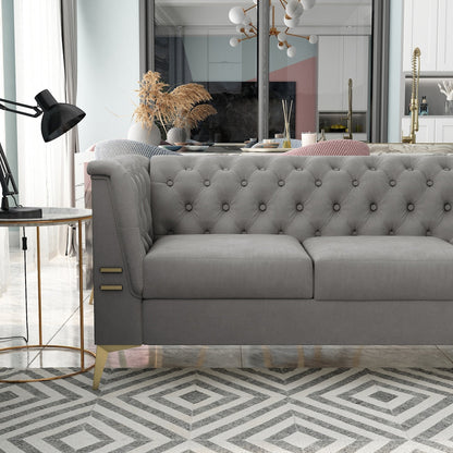 Canapé 3 places rembourré en velours, canapé de salon moderne avec capitonnage à boutons profonds et pieds en métal, accoudoirs carrés