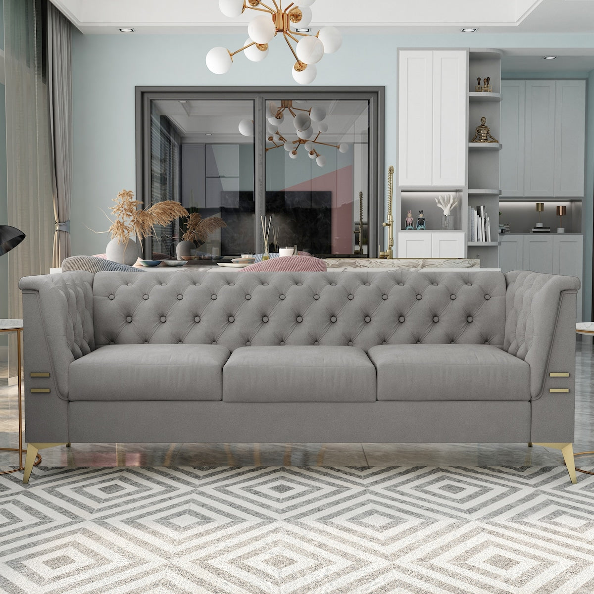 Canapé 3 places rembourré en velours, canapé de salon moderne avec capitonnage à boutons profonds et pieds en métal, accoudoirs carrés