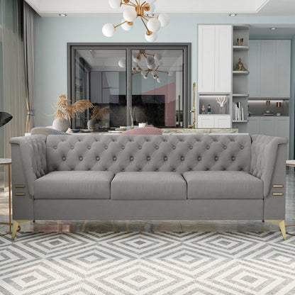 Canapé 3 places rembourré en velours, canapé de salon moderne avec capitonnage à boutons profonds et pieds en métal, accoudoirs carrés