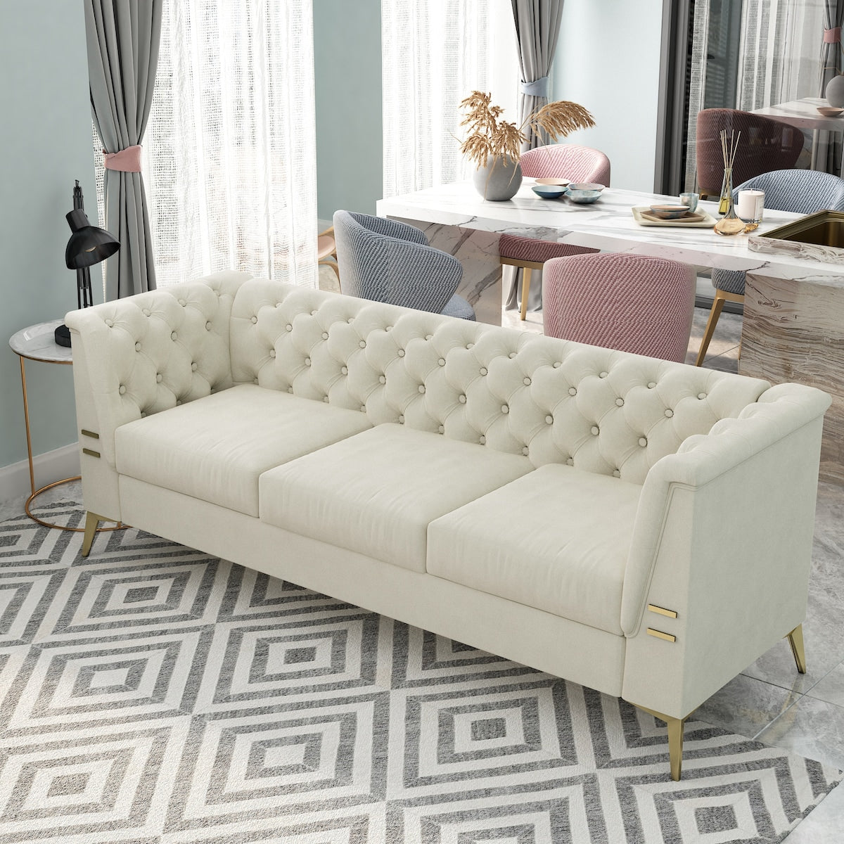 Canapé 3 places rembourré en velours, canapé de salon moderne avec capitonnage à boutons profonds et pieds en métal, accoudoirs carrés