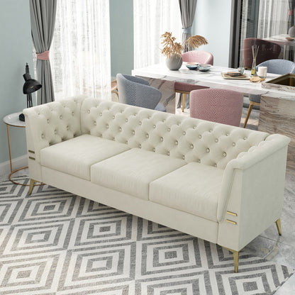 Canapé 3 places rembourré en velours, canapé de salon moderne avec capitonnage à boutons profonds et pieds en métal, accoudoirs carrés