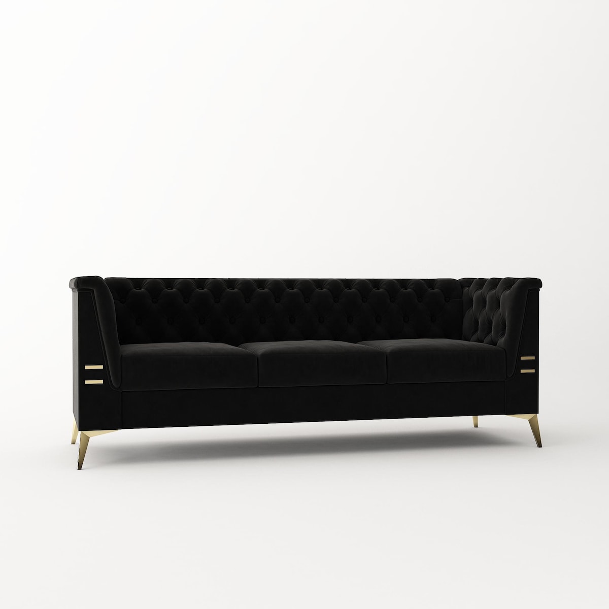 Canapé 3 places rembourré en velours, canapé de salon moderne avec capitonnage à boutons profonds et pieds en métal, accoudoirs carrés