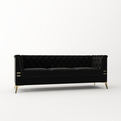 Canapé 3 places rembourré en velours, canapé de salon moderne avec capitonnage à boutons profonds et pieds en métal, accoudoirs carrés