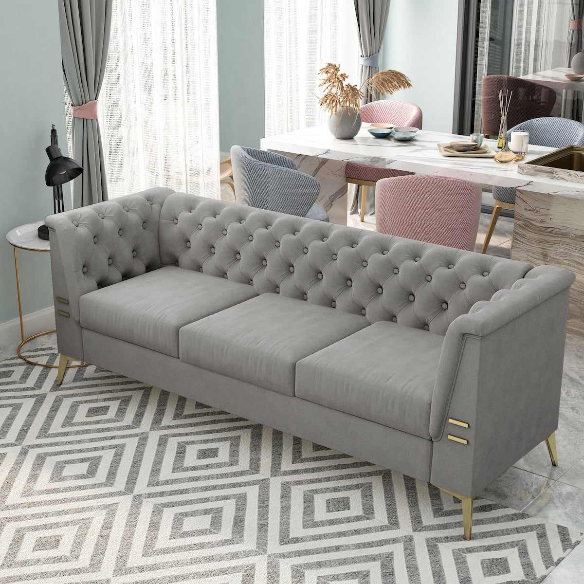 Canapé 3 places rembourré en velours, canapé de salon moderne avec capitonnage à boutons profonds et pieds en métal, accoudoirs carrés