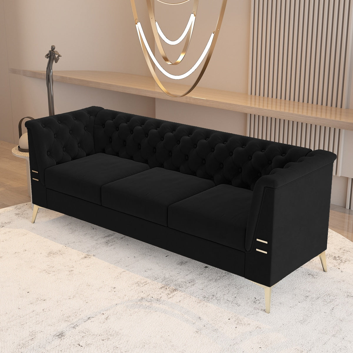 Canapé 3 places rembourré en velours, canapé de salon moderne avec capitonnage à boutons profonds et pieds en métal, accoudoirs carrés