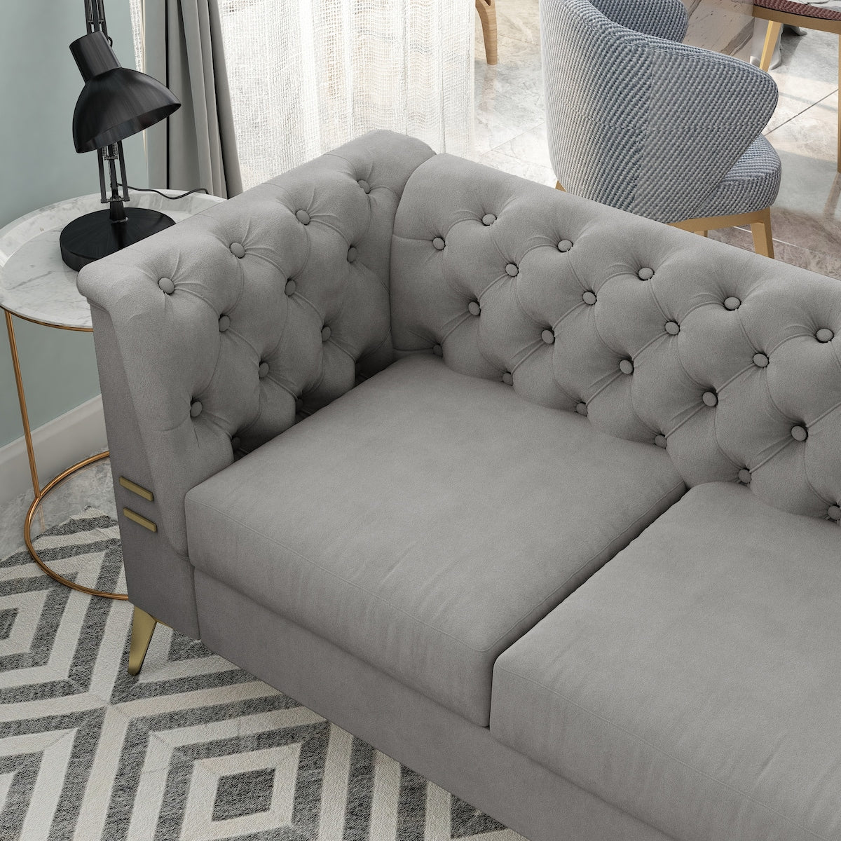 Canapé 3 places rembourré en velours, canapé de salon moderne avec capitonnage à boutons profonds et pieds en métal, accoudoirs carrés