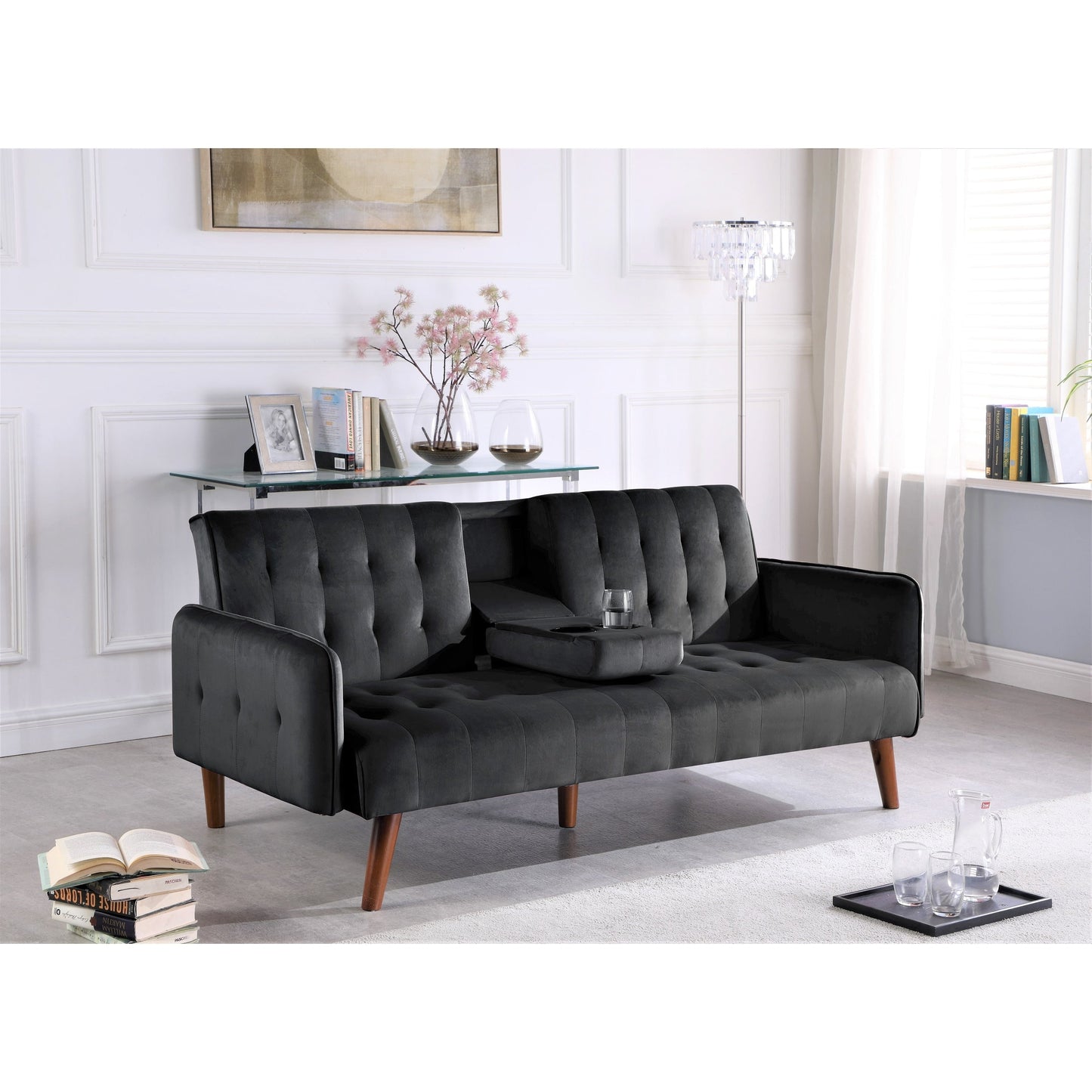 Canapé-lit futon convertible et pliable en velours avec 2 porte-gobelets pour un salon compact