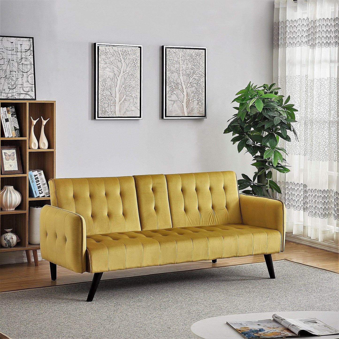 Canapé-lit futon convertible et pliable en velours avec 2 porte-gobelets pour un salon compact