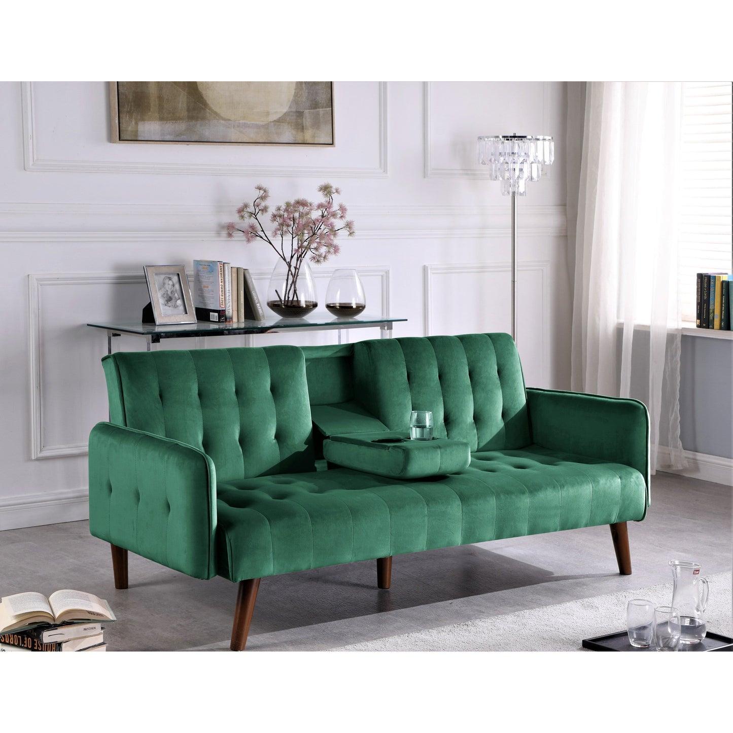 Canapé-lit futon convertible et pliable en velours avec 2 porte-gobelets pour un salon compact