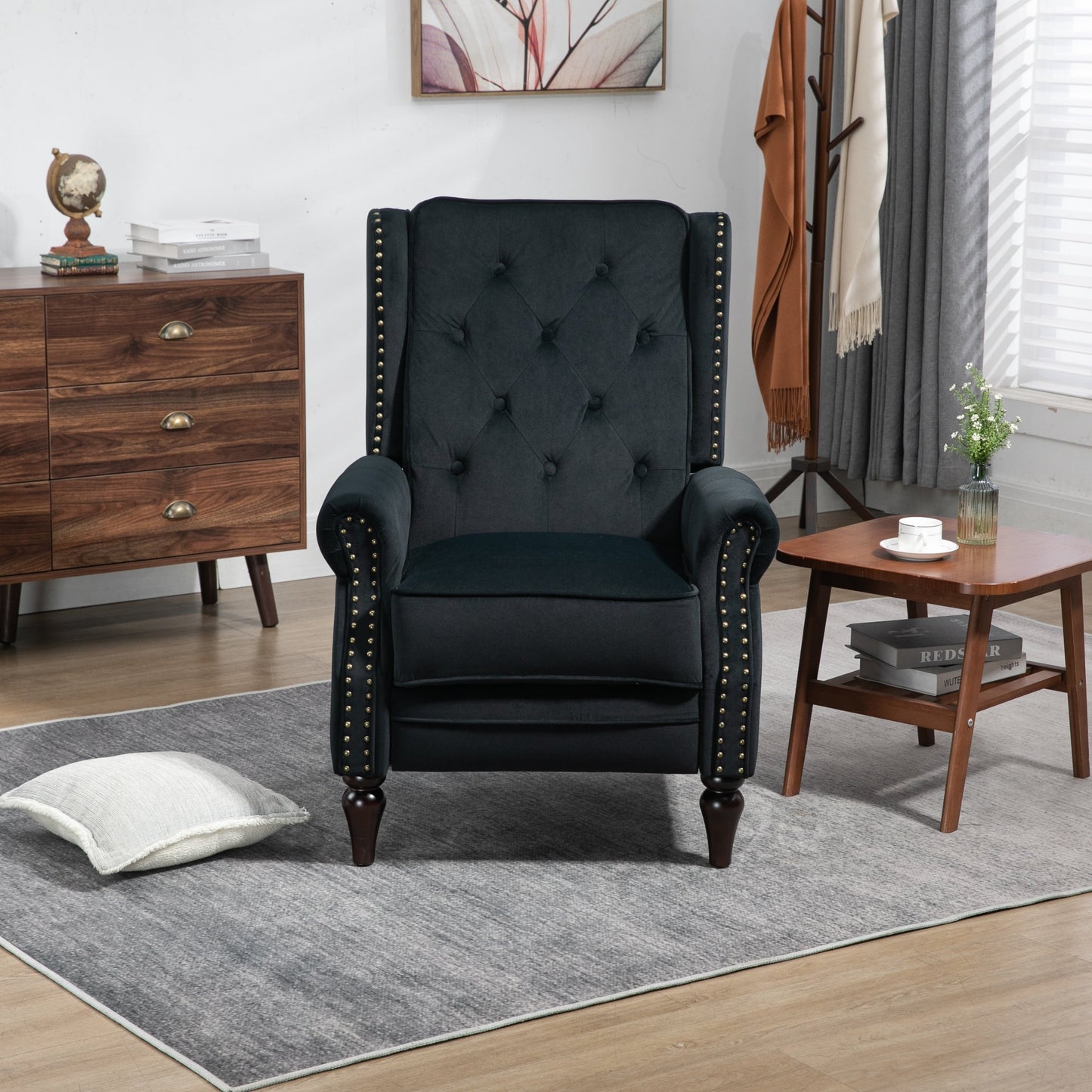 Fauteuil inclinable capitonné en velours avec pieds noirs